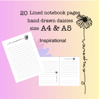 Inspirational Daisy Lined Notebook Pages | Printable Journal Paper Bundle | 20 Hand-Drawn Inspirational Word Pages | A4 & A5